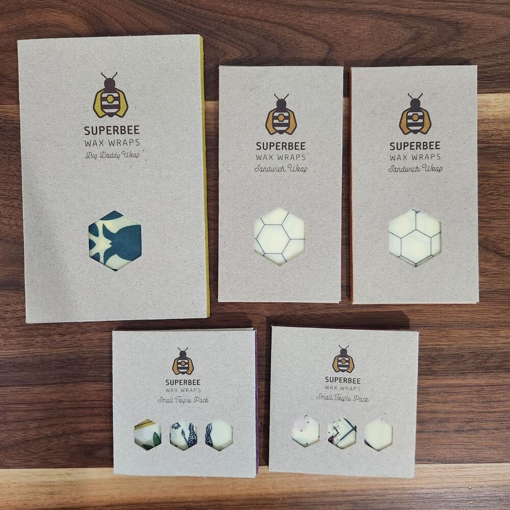 Superbee Beeswax Wraps Lot of 5 Reusable Sustainable Food Wraps Various Sizes